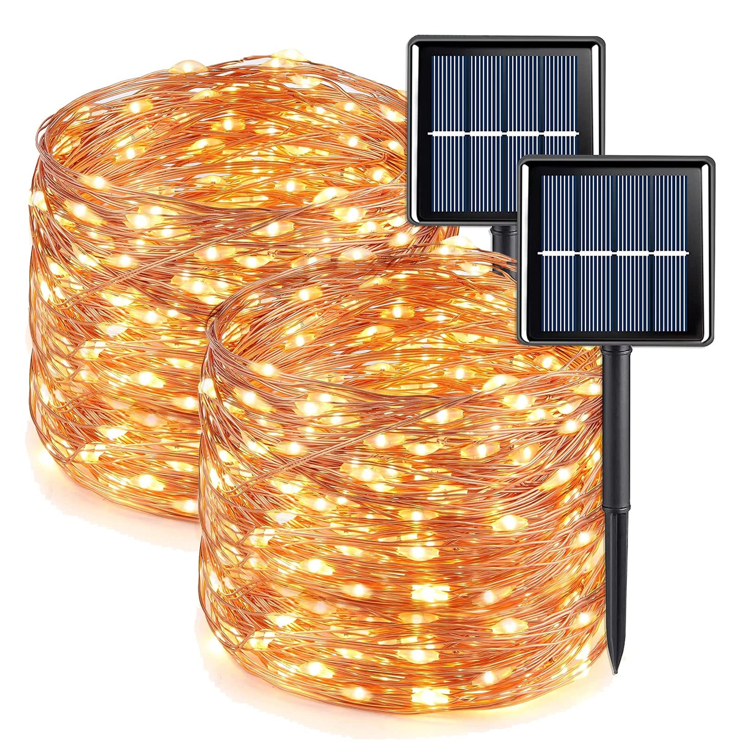 QITONG Solar Fairy Lights, 200 LED Warm White, 66ft Each, 2 Pack, Waterproof Silver Wire, 8 Modes