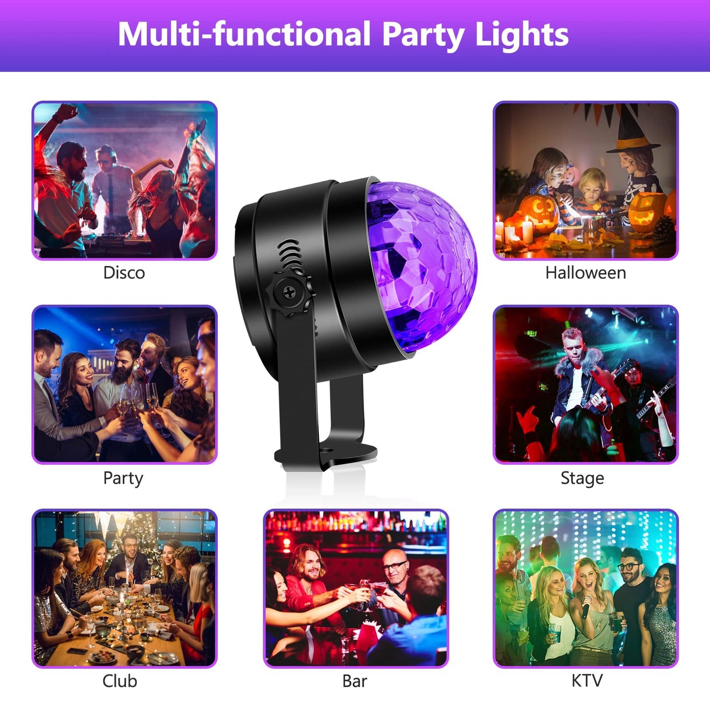 Litake 6W Uv Black Lights - Sound Activated Led Disco Ball Strobe Lights, 2 Pack, Remote Control For Parties, Halloween, Xmas, Black