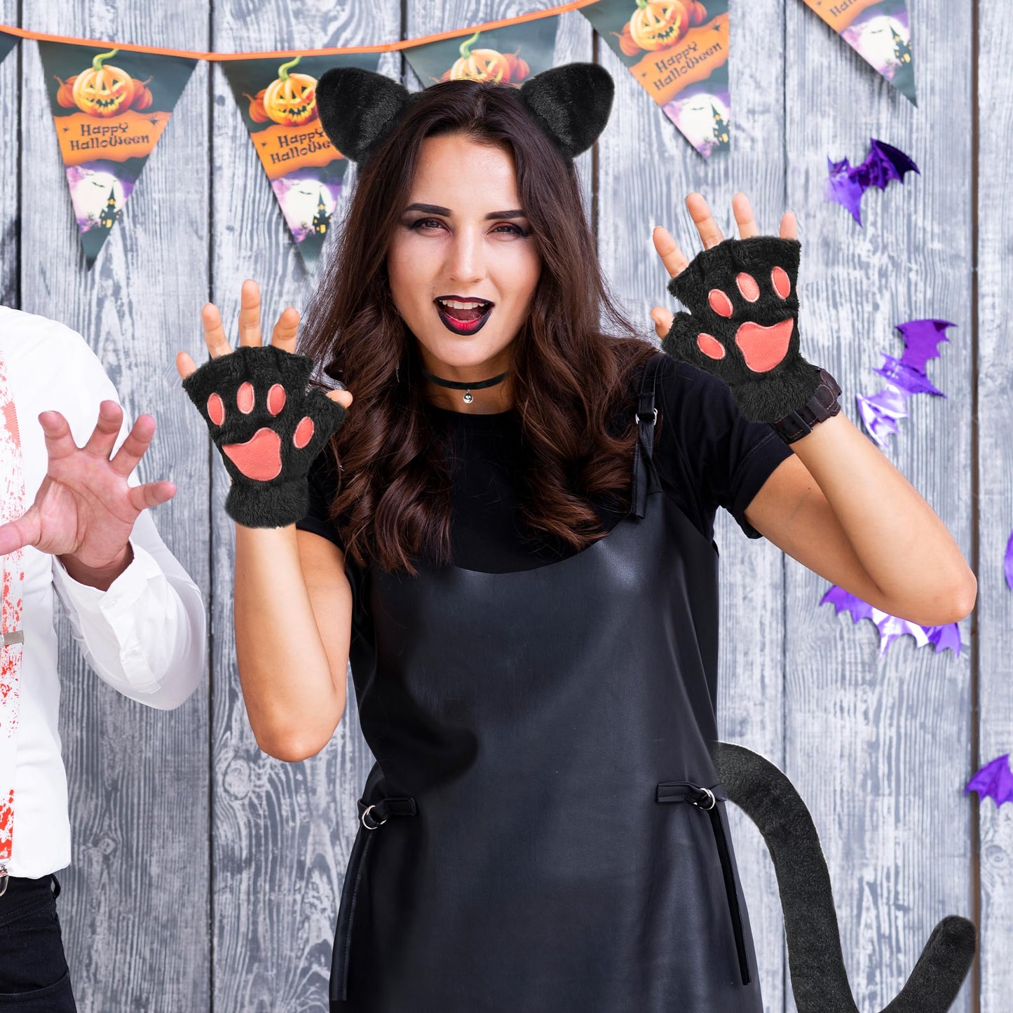 Gofriipai Black Cat Costumes, Cat Ears Headband Tail Paws Gloves Collar Set, Costumes for Women, Halloween Costume Accessories for Adults Girls