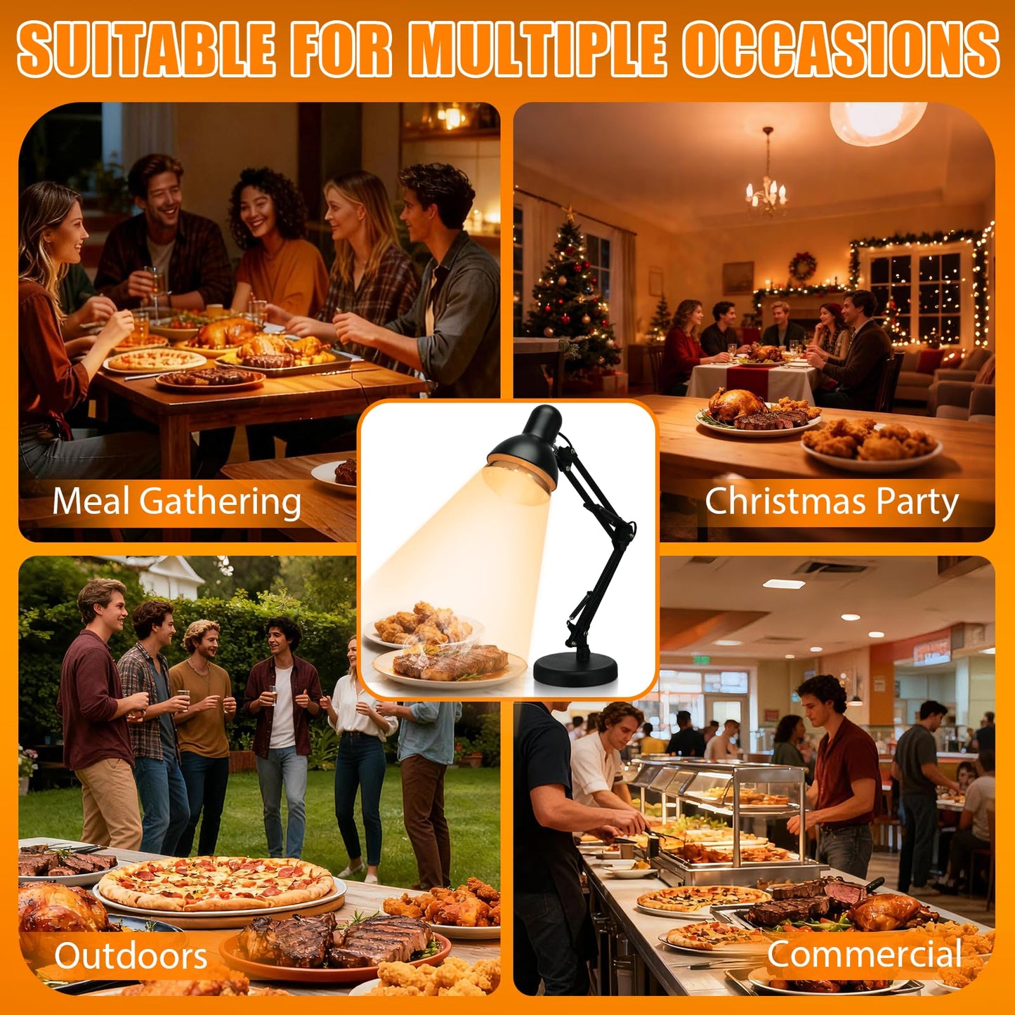 Portable Food Heat Lamp - [Foldable Design] [3S Quickly Heating] Food Warmer Light, Commercial Heat Lamp for Food, Catering Warming Lamp for Parties, Buffet, Pizza, Chicken, Chocolate (Black)