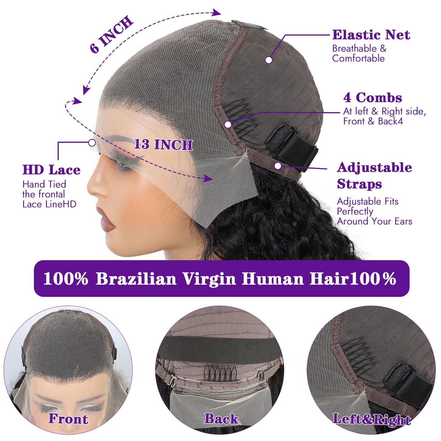 Gulenme 13x6 HD Transparent Deep Wave Lace Front Wigs Human Hair 200 Density for Women Curly Wet and Wavy Lace Frontal Human Hai