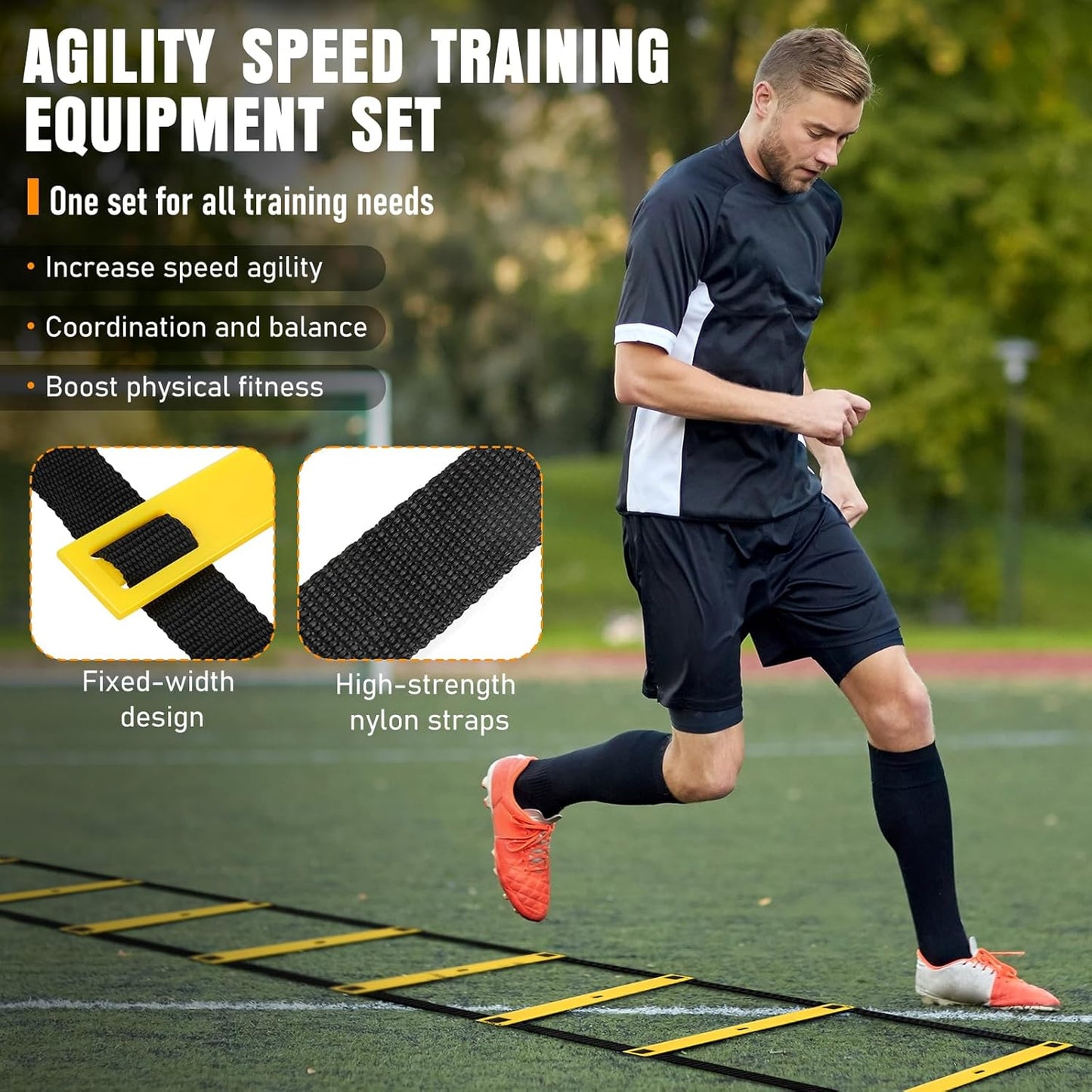 Agility Ladder, Speed Training Equipment Set, 20ft Agility Ladder, 12 Soccer Cones, 4 Hurdles, Jump Rope, Running Parachute, Basketball Football Soccer Training Equipment for Kids, Youth, Adults