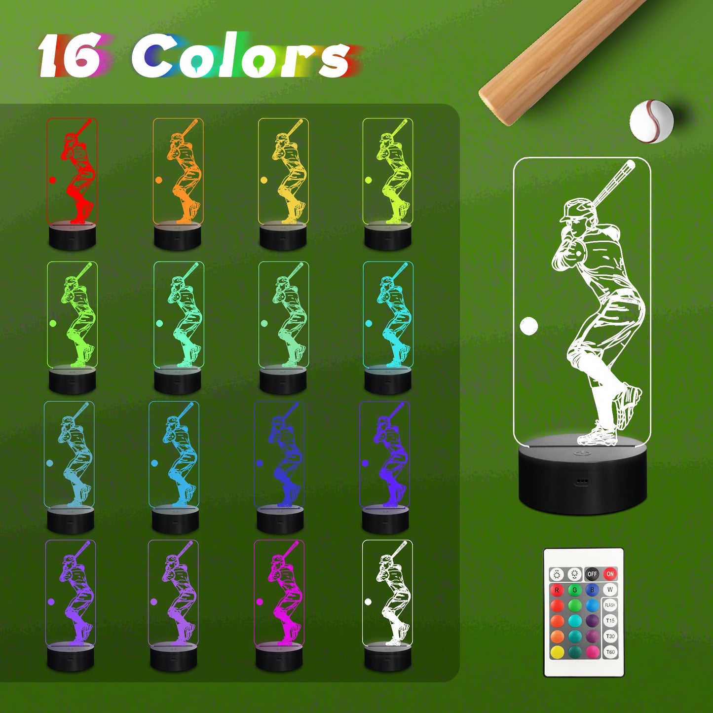 CoolGift Mart 3D LED Baseball Night Light with Remote Control, Acrylic, Multicolor, Model FS-2810-9999