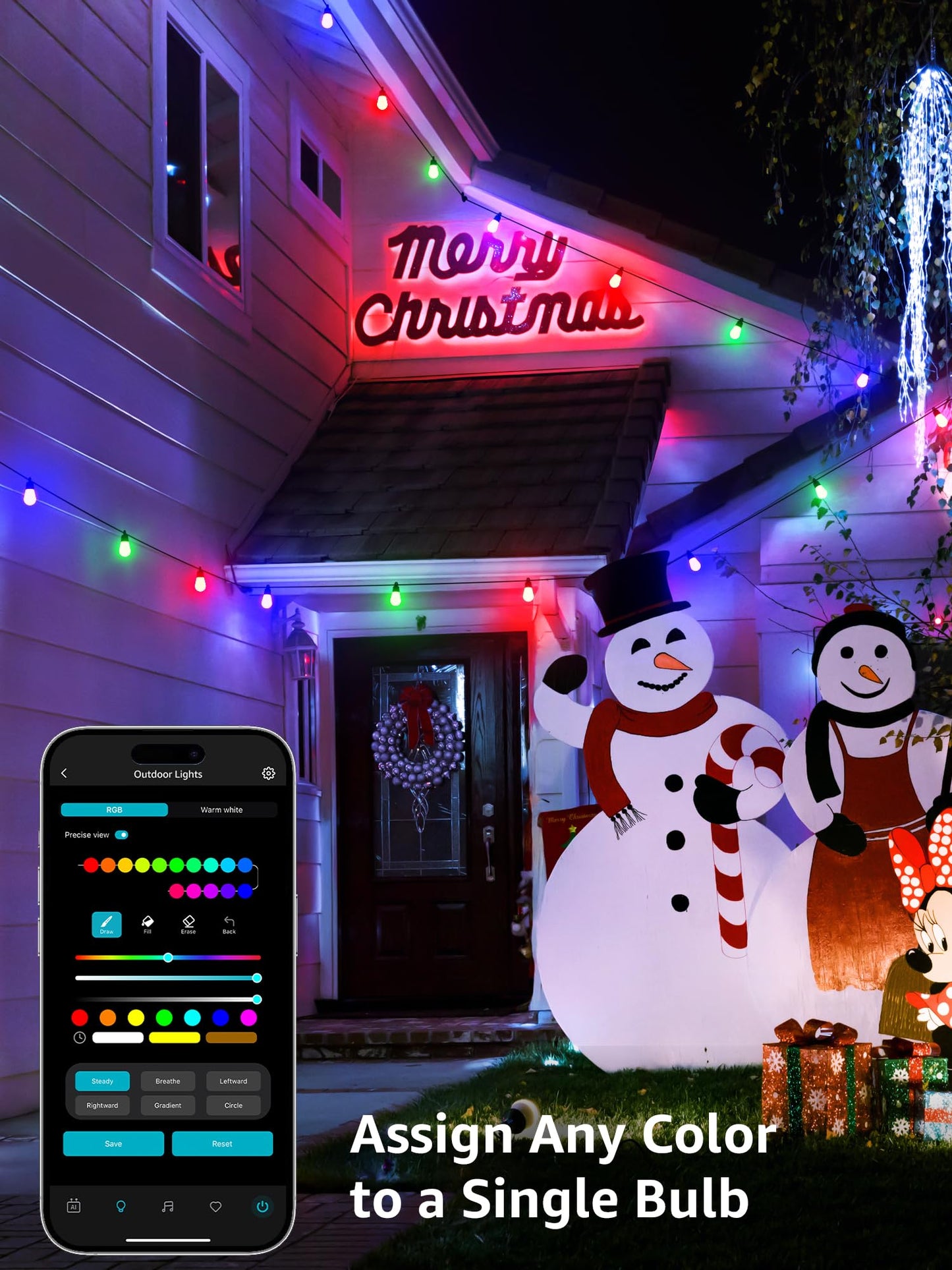 Lepro ZB1 AI Smart Outdoor String Lights APP Control, 54(42+12) ft RGB+IC+Warm White Outdoor Lights 15 LED Bulbs, Alexa Google Home Enable, AI Generated Lighting LLM, NO Remote 2.4 GHz WiFi+Bluetooth