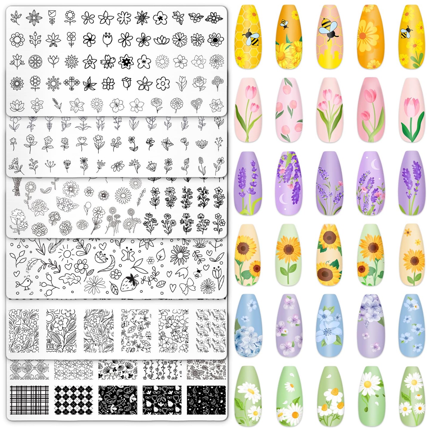 Whaline 6Pcs Spring Summer Floral Nail Plates Stamping Set Flower Leaves Stamp Templates Nail Art Plates for DIY Print Manicure