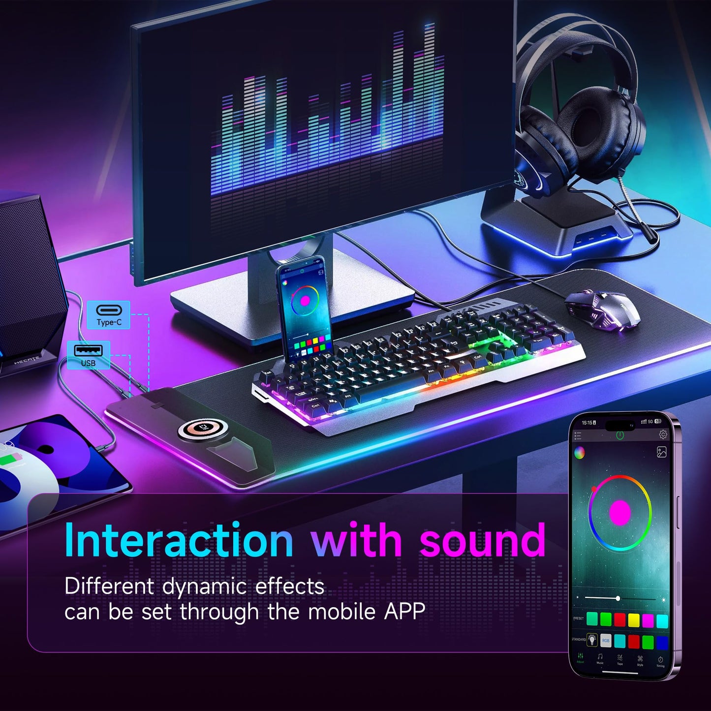 TMEHM Music Mouse Pad,RGB Mousepad Led Mouse Pad,15W Fast Wireless Charging Desk Pad,Premium Microfiber Cloth,Non-Slip Base,256 Light Modes Keyboard Pad