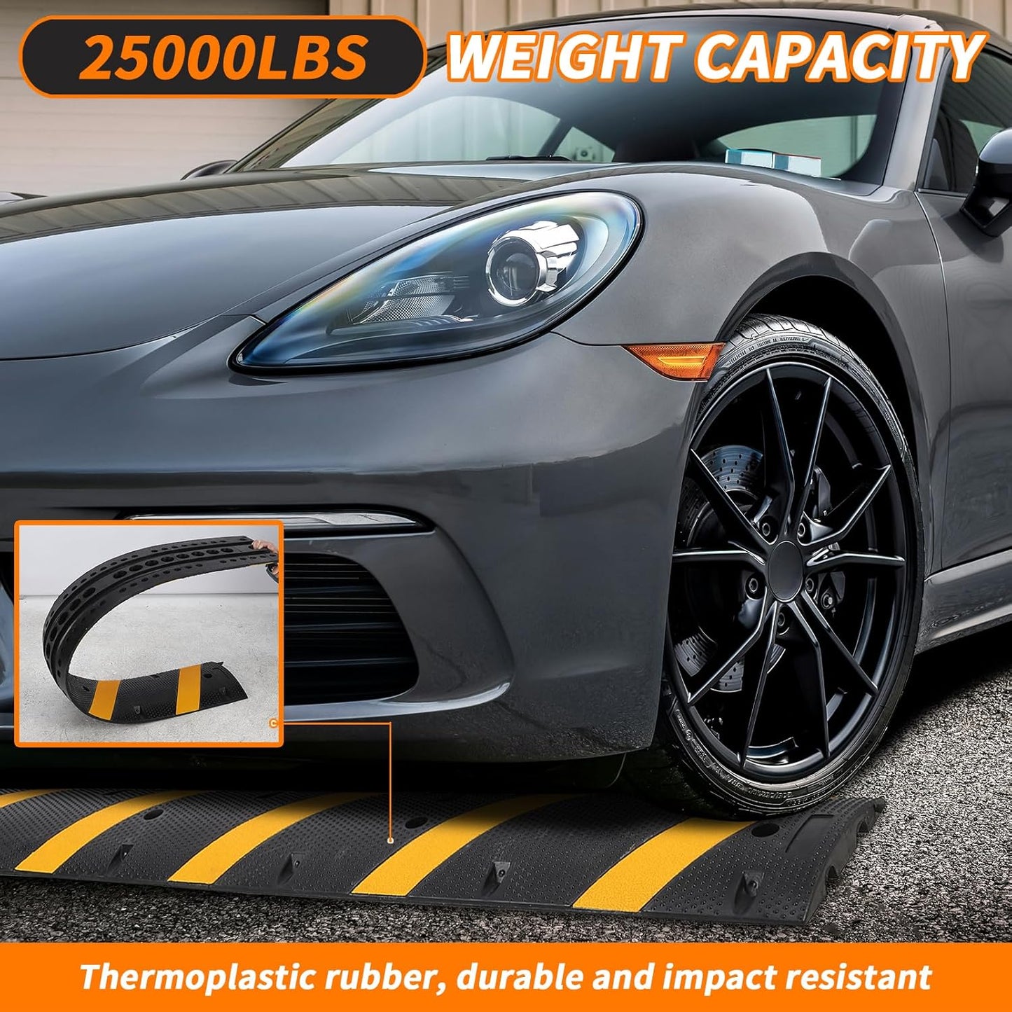 6 Ft Rubber Speed Bumps 2 Pack, Heavy Duty Speed Bumps for Driveway Rubber Gravel Road Asphalt Parking, Modular Driveway Speed Bumps Cable Protector Ramp with 8 Bolts Spikes