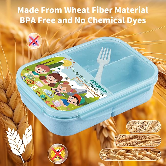 Wheat Straw Bento Box, BPA-Free Lunch Box for Kids & Adults - Leakproof 3-Compartment Lunch Containers with Utensil, Microwave/Dishwasher Safe, 5.5 Cup Blue