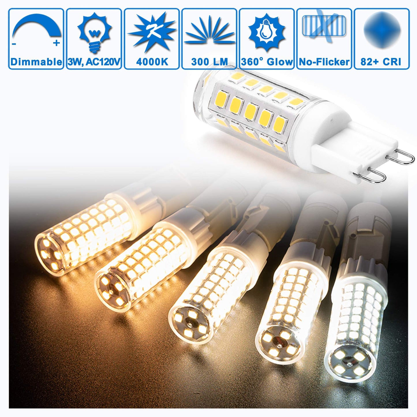 Ziomitus G9 Led Bulbs 3W Dimmable Natural White Ac120V 4000K, 300Lm, 5-Pack