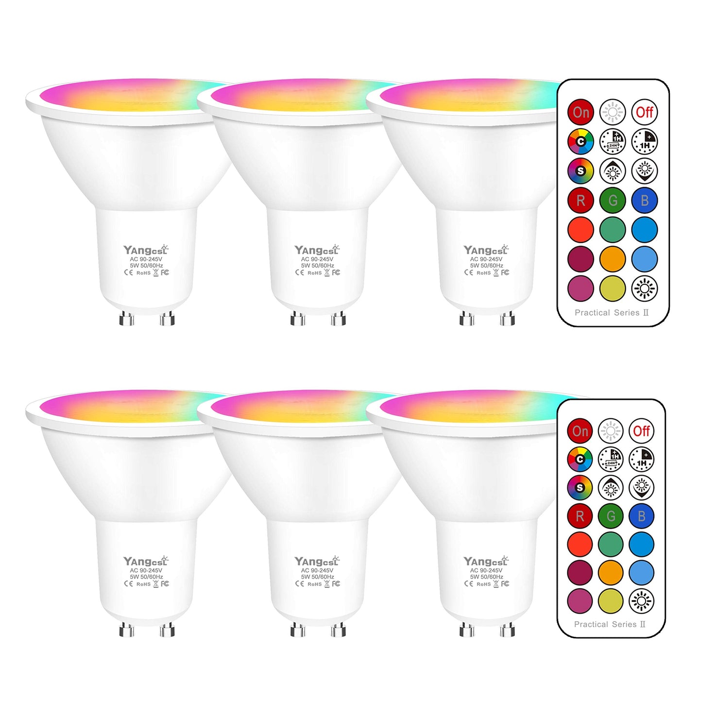 Yangcsl GU10 LED Bulbs, Color Changing, 400LM, 45° Beam Angle, 6 Pack, RGB + Warm White, Mood Lighting