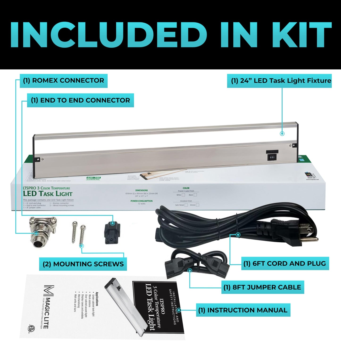 Led Under Cabinet Lighting Hardwired - Linkable Undercabinet Lights For Kitchen - 3Cct 24 Inch Satin Finish - Undercounter Dimmable Plug In Light Or Hard Wired - Under Counter Fixture Direct Wire