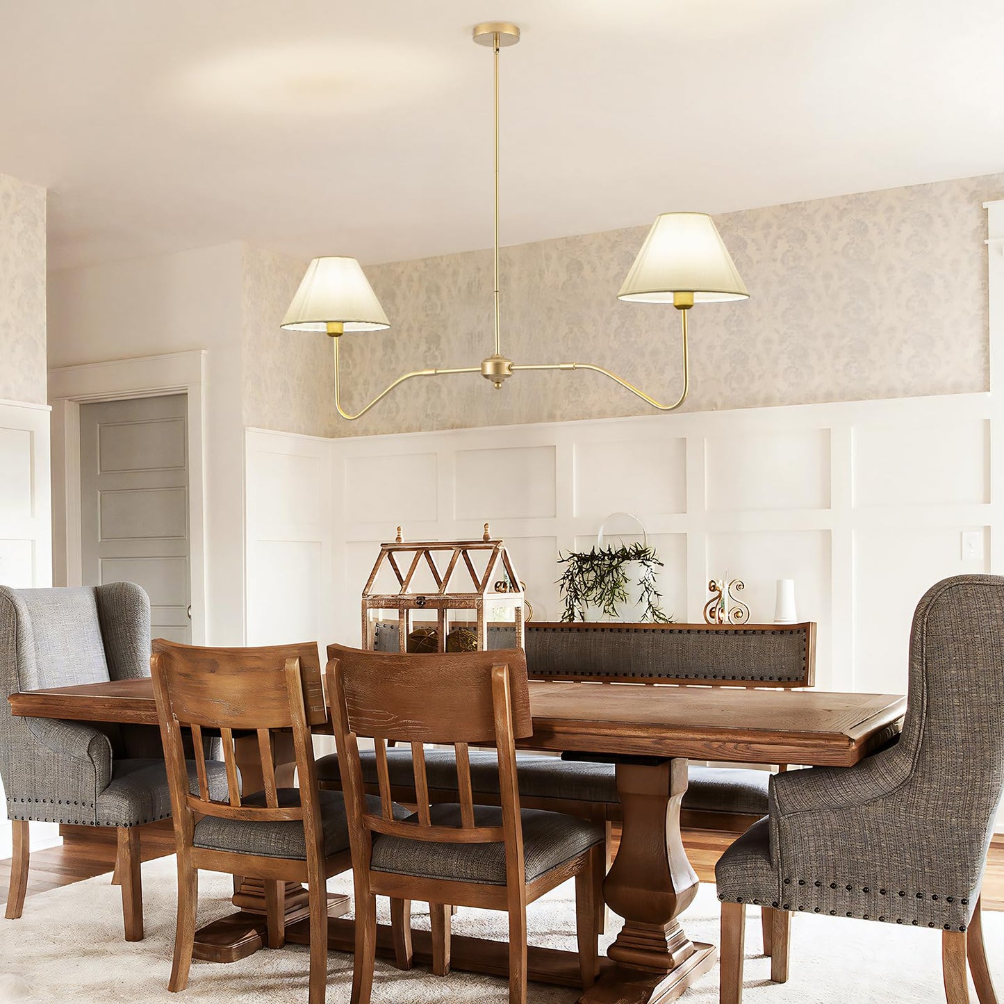 Jsdorsy 2-Light Gold Modern Linear Chandelier  55 Inch Farmhouse Kitchen Island Lighting With White Fabric Shades  Dining Room Light Fixtures For Living Room Bedroom  Height Adjustable