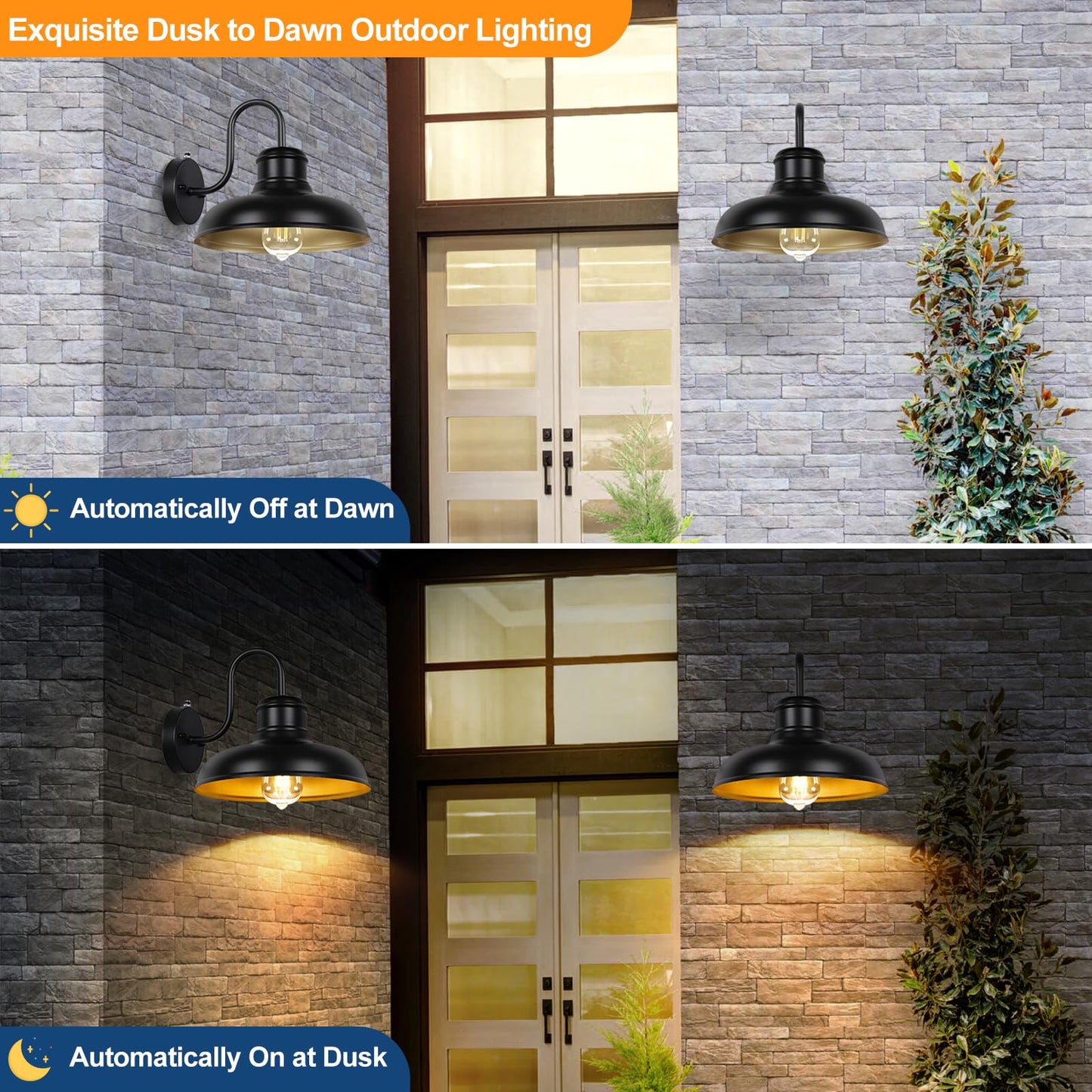 TOBUSA 2-Pack Outdoor Wall Light Fixtures, Waterproof Metal Gooseneck Barn Lights, 11.5in  Black & Golden, Model B11023PP