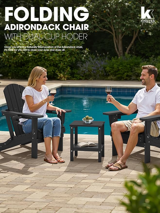 KINGYES Folding Adirondack Chair Set of 8, Dual Cup Holders & All-Weather HDPE, Wood-Like Patio Chair for Backyard, Camping, Pool & Fire Pit, Black