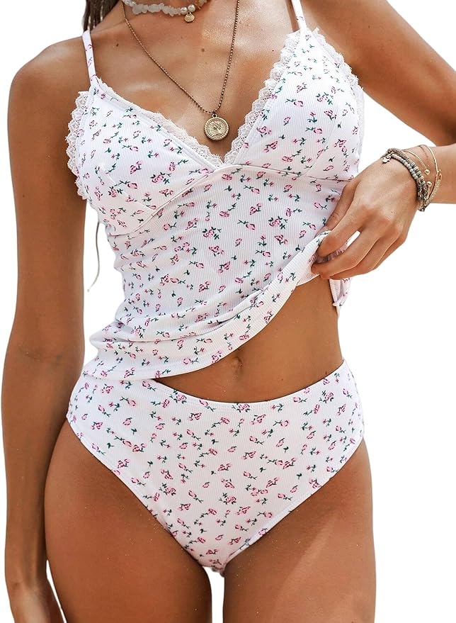 ZAFUL Women's Spaghetti Strap Tankini Swimsuits V Neck Tummy Control Tie Side Thong Bikini Swimsuits 2 Piece Bathing Suits
