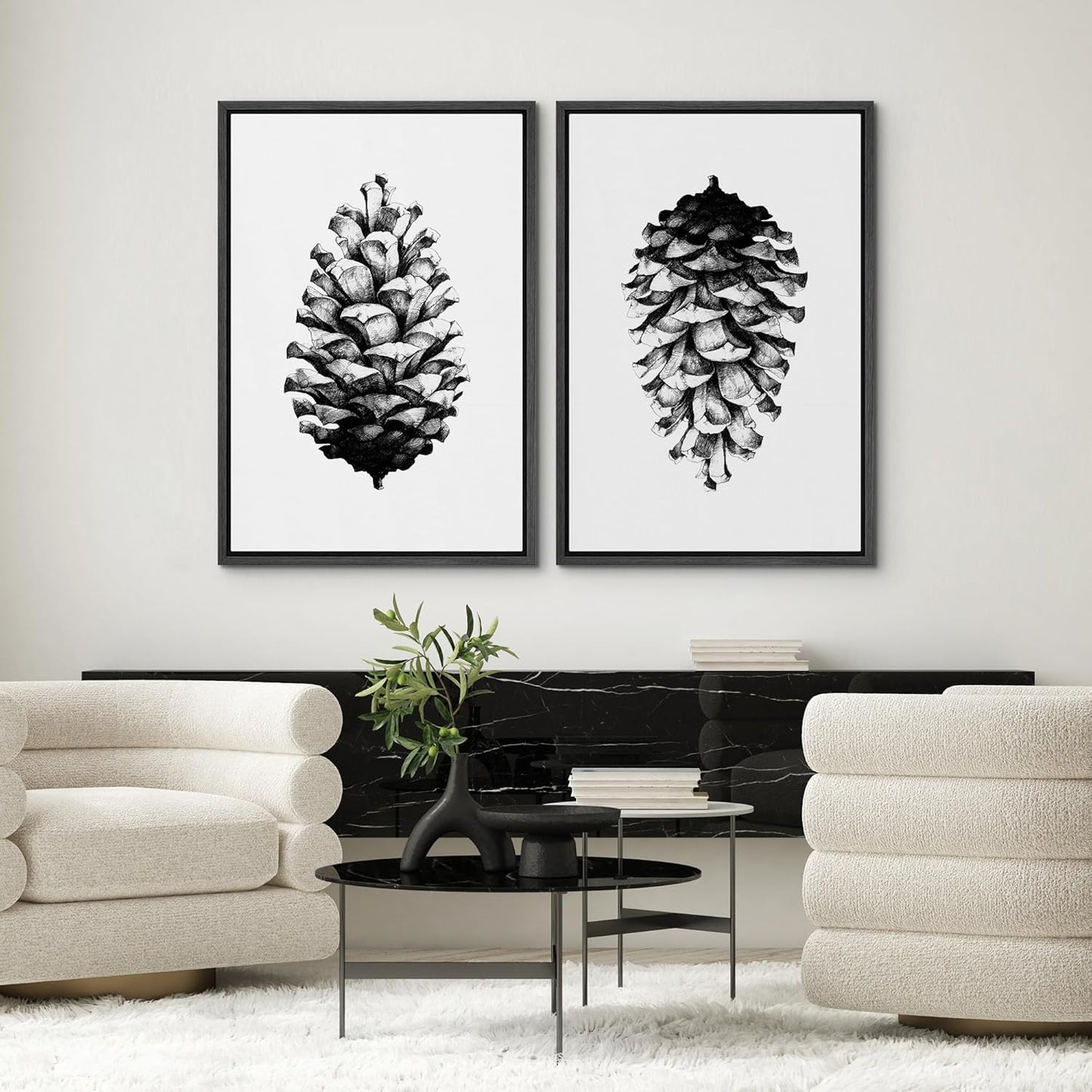 SIGNWIN Framed Canvas Print Wall Art Set Black & White Forest Woodland Pinecone Nature Wilderness Illustrations Modern Art Relax/Calm for Living Room, Bedroom, Office - 24"x36"x2 Black