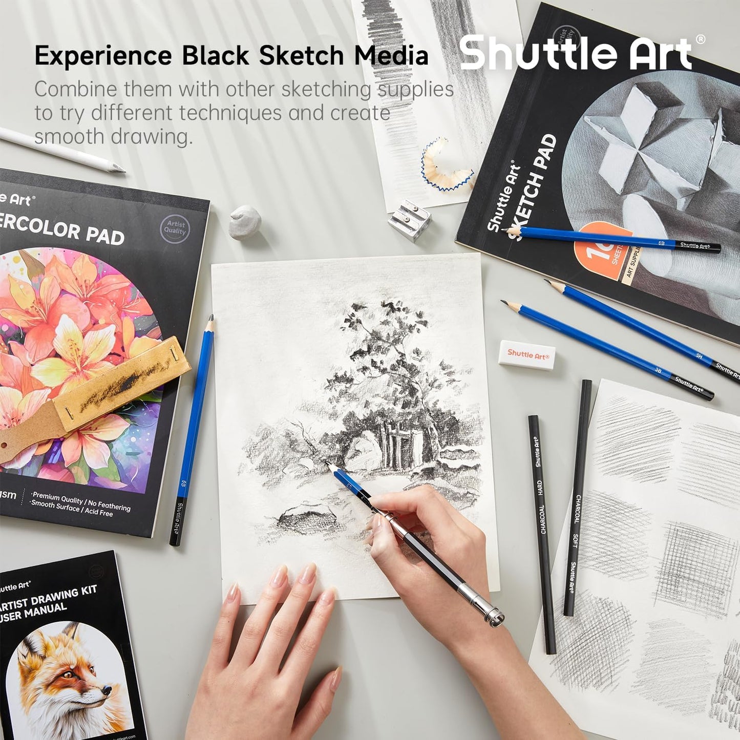 Shuttle Art 103 PCS Drawing Kit, Professional Drawing Supplies with Sketch, Charcoal, Colored, Graphite, Pastel Pencils & Sticks, Complete Drawing Tools and Paper Pads in Zipper Case for Artists&Kids