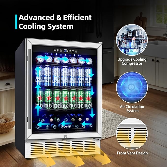 24 Inch Beverage Refrigerator, 180 Can Capacity Beverage fridge, Built in or Freestanding Drink Cooler with Glass Door, Under Counter Beer Fridge, LED Indicator Light and Adjustable Shelve