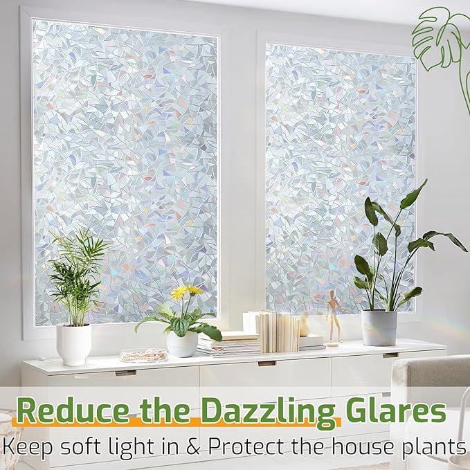LUTE Window Privacy Film, Rainbow Window Flim, 3D Decorative Stained Glass Cling, Non-Adhesive Vinyl Static Cling UV Blocking Heat Control One Way Glass Covering for Home, Silver, 17.5 x 78.7 inches