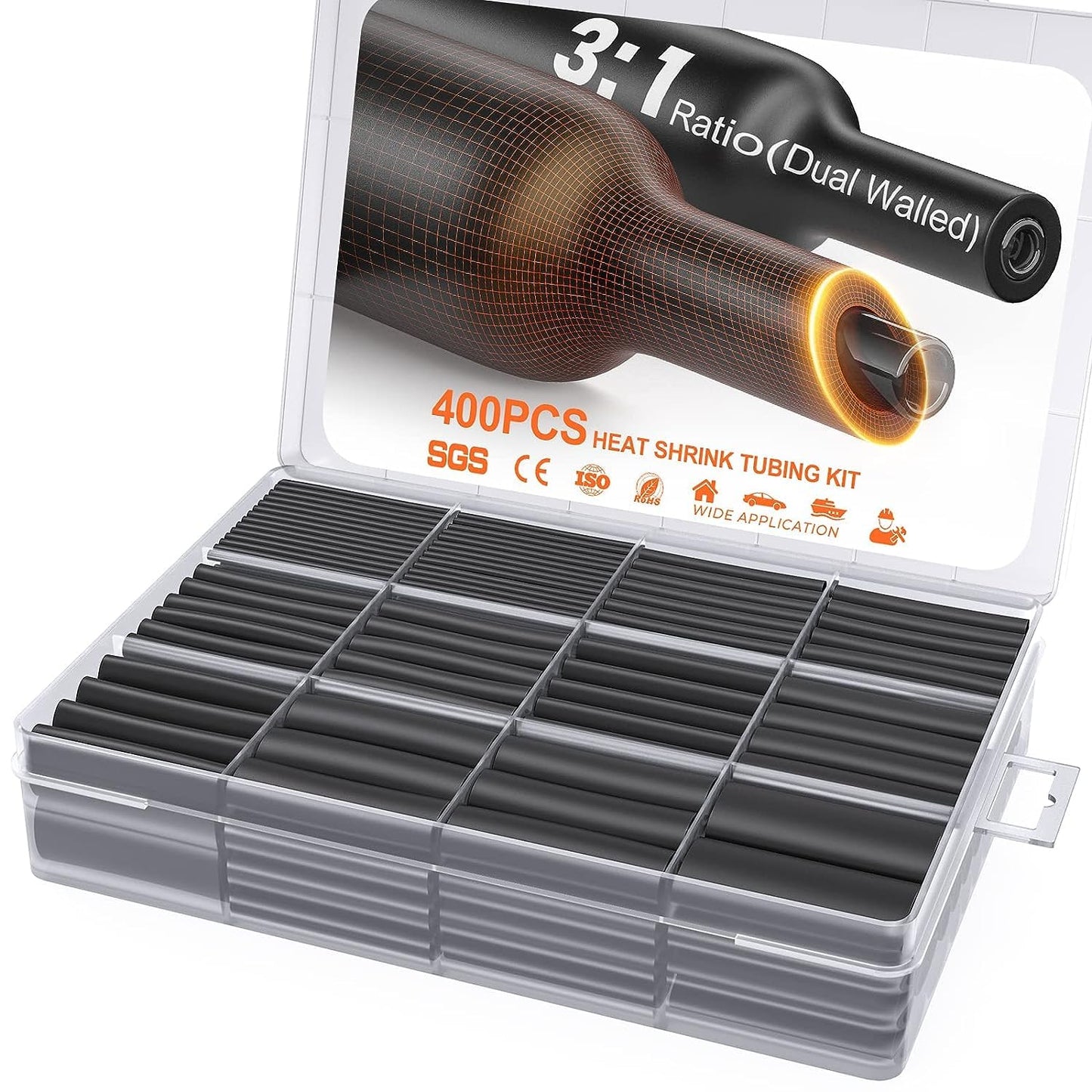 400 Pcs Heat Shrink Tubing Kit-3:1 Ratio Adhesive Lined,Marine Grade Shrink Wrap - Industrial Heat-Shrink Tubing - Black