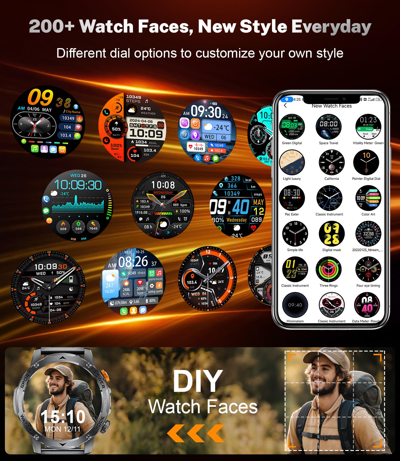 BENYAR SMART Military Smart Watches for Men(3 Bands),1000mAh/1.75" HD Large Screen Smartwatch, Flashlight/110+ Sports Modes/IP68 Waterproof/Sleep Monitor Fitness Tracker Watch for Android IOS,Gunmetal