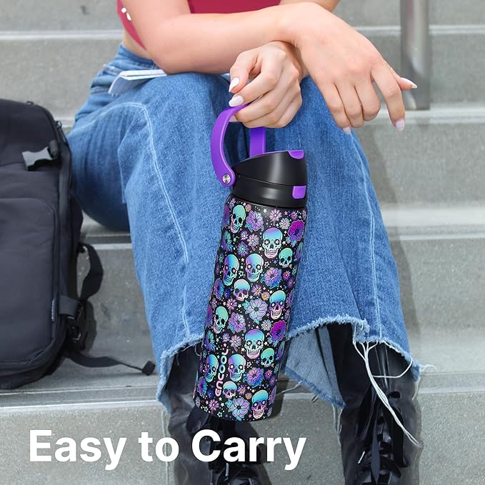 Encool SwiftSip Insulated Stainless Steel Water Bottle with Straw - Leak Proof Sports Water Bottle for School, Travel, Keeps Cold All Day, One-Touch Flip Lid, BPA-Free, 24 oz, Floral Afterlife