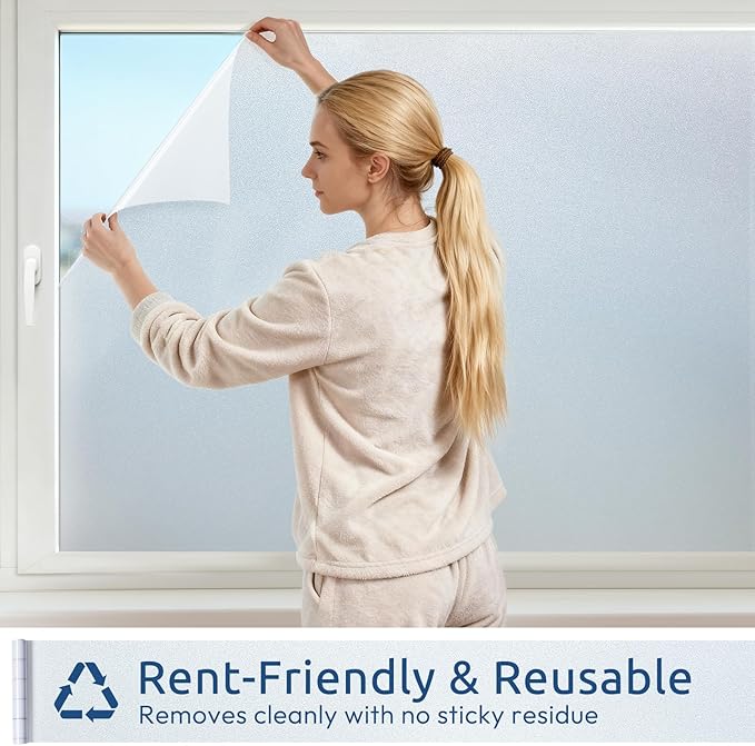 rabbitgoo Frosted Glass Window Privacy Film, No Glue, Anti-Glare Heat Blocking, Easy to Install, Renter Friendly Removable Opaque Bathroom Window Clings for Glass, 17.5 by 157.4 inch