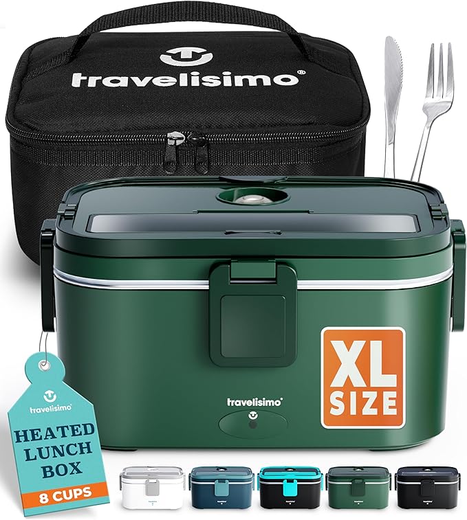 TRAVELISIMO Extra-Large Electric Lunch Box For Adults Holds up to 8 Cups - 80W Heated Lunch Box 1.8L Electric Food Warmers for Travel & Work, Portable Food Warmer - Loncheras Para Hombres De Trabajo