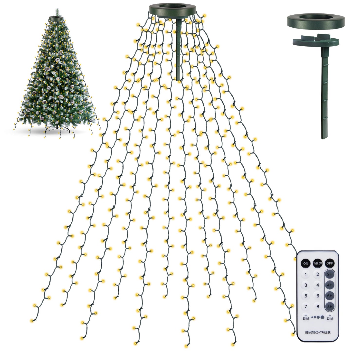 Tw Shine Christmas Tree Lights  448 Led Christmas Waterfall Tree Topper Lights With 8 Lighting Modes & Remote  8.2Ft X 16 Lines String Light For Indoor Outdoor Yard Party Xmas Decoration  Warm White