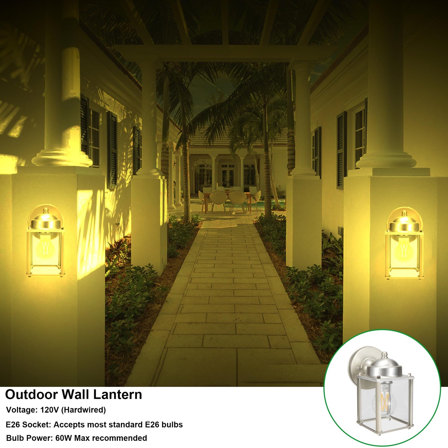 Lit-Path Outdoor Wall Lantern Sconce, Aluminum, Nickel Finish, E26 Medium Base, 2-Pack, Non-Led, Model Lt-Wl017-Pnk-2Pk
