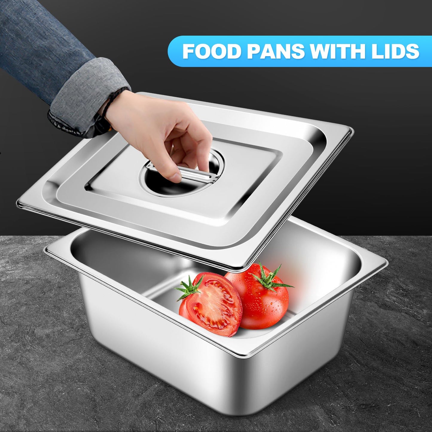 Hotel Pan with Lids 6 Pack 1/2 Size 2.5" Deep Stainless Steel Steam Table Pan, Commercial Food Pans for Catering Buffet Chafing Dish Pans Metal Steam Tray (1/2 Half Size x 2.5 Inch Deep, 6 Pack)