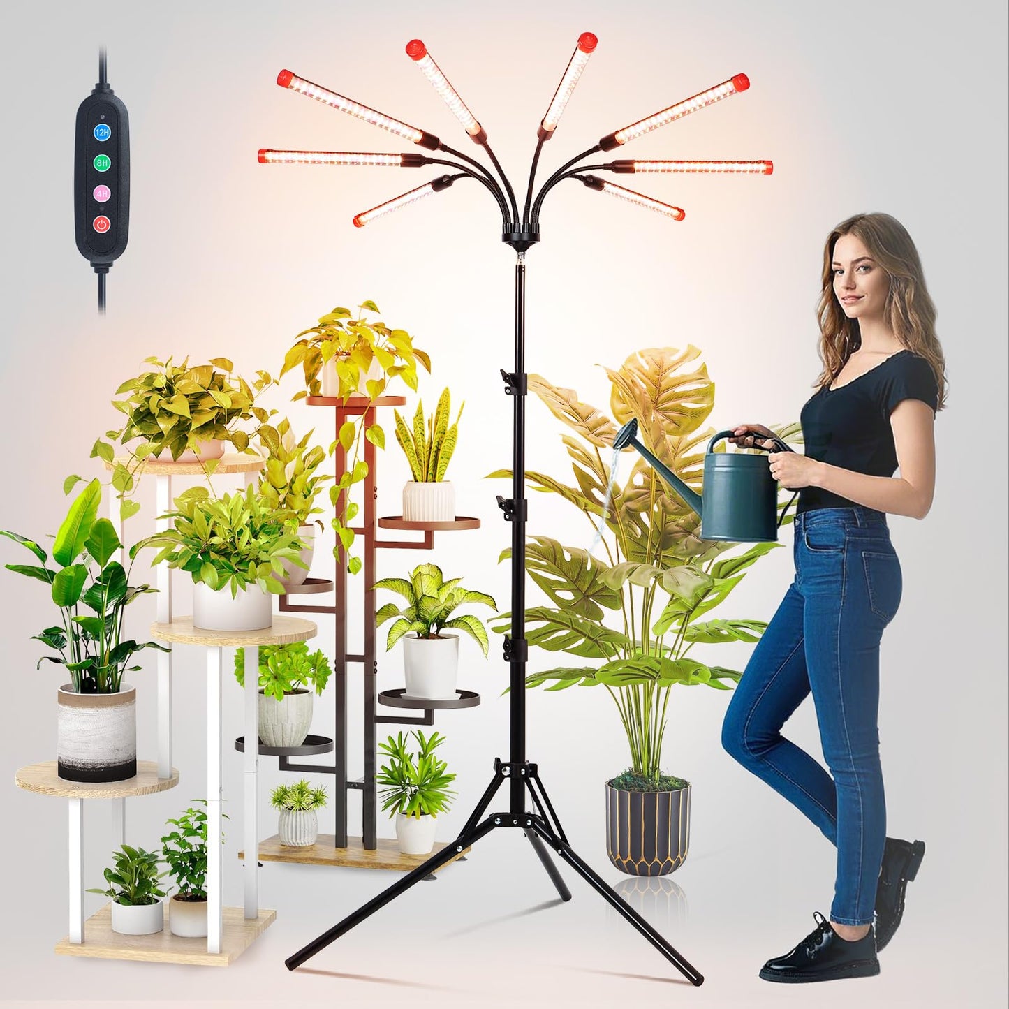 FECiDA 72W LED Grow Light, 8-Head Full Spectrum Plant Light, Black, Model ZH_GL_RH, Timer 4/8/12 Hr, Ideal for Indoor