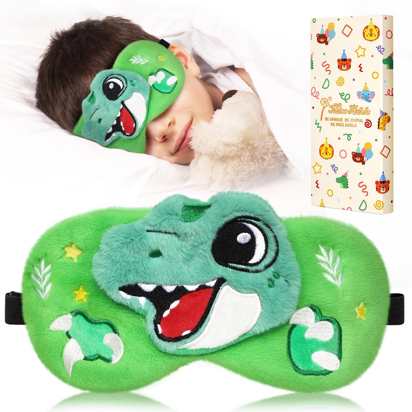 Miss Adola Sleep Mask for Kids - Valentines Gift for Kids Cute Plush Fuffy Sleeping Eye Cover Kawaii Soft Eyeshade Animal Eye Blindfold for Girls Boys Teens with Adjustable Strap, Dinosaur