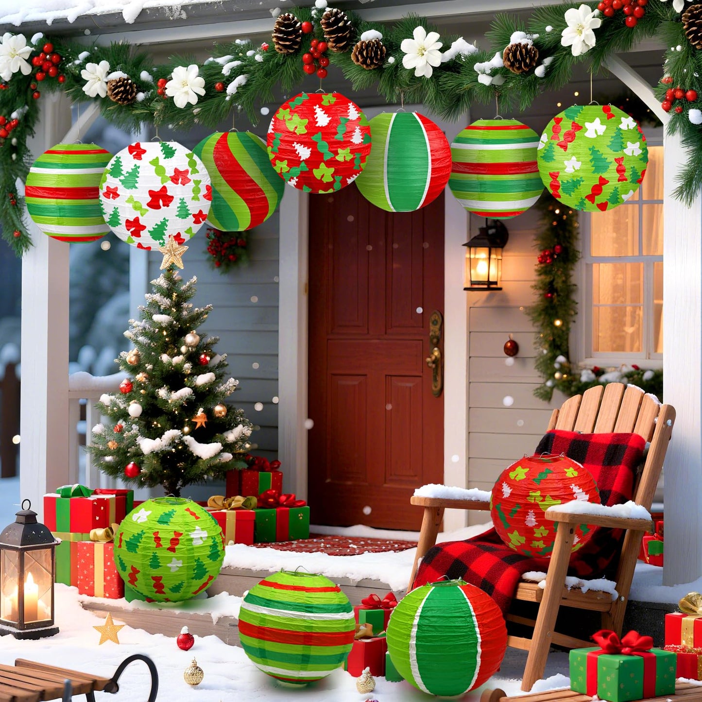 ADLKGG Christmas Paper Lanterns, 12 Pcs, Red Green Trees & Bells, Indoor Outdoor Holiday Decorations, Model 001