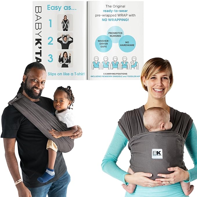 Breeze Baby K'tan Baby Carrier, #1 Easy Pre-Wrapped Baby Sling Gift | Breathable 100% Cotton Mesh | Hands Free Wrap for Infants | No Rings Or Buckles | Charcoal | X-Small