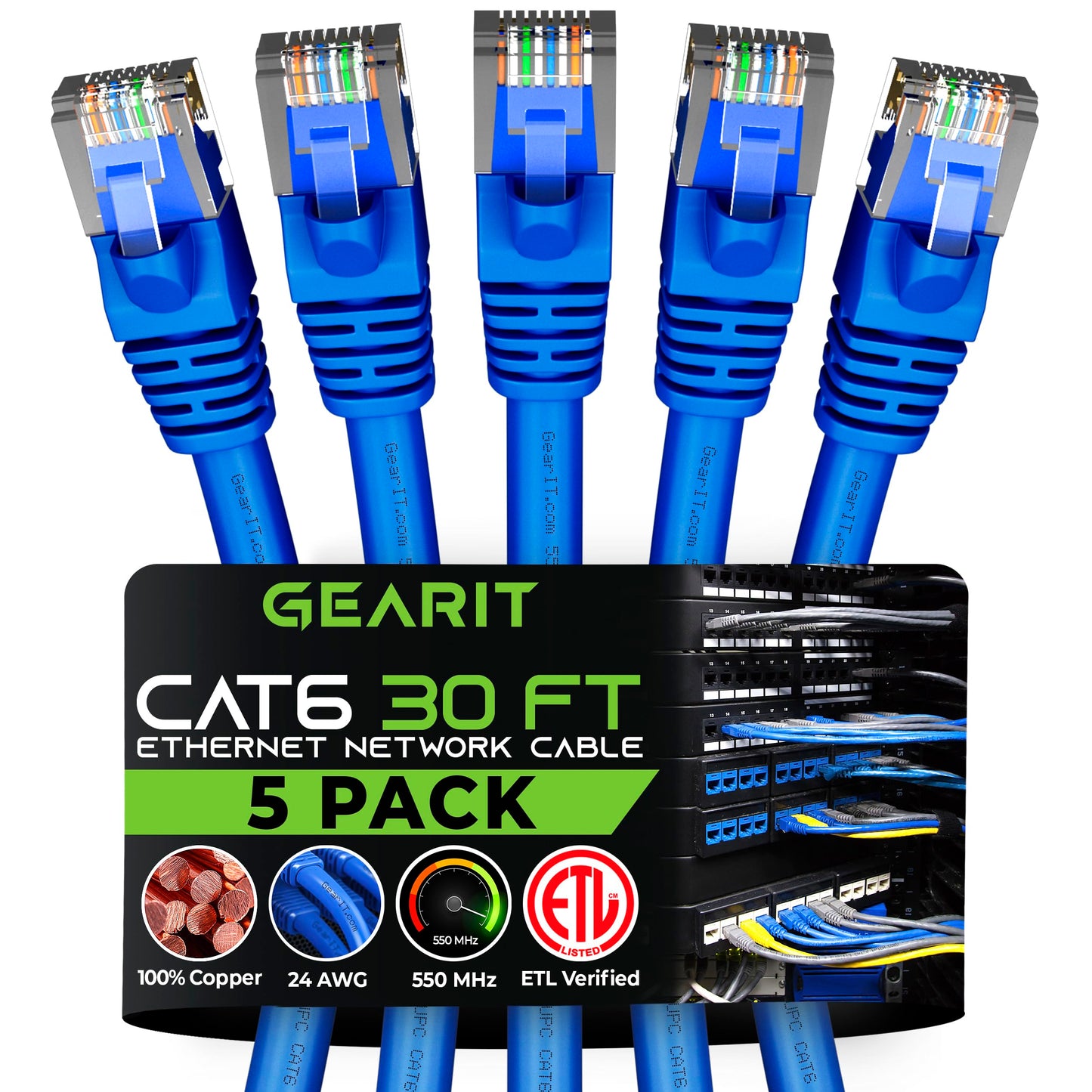 Gearit Cat 6 Ethernet Cable Pack - 5-Pack 30 Ft Cat6 Ethernet Patch Cables | Rj45 Network Patch Cable, 10 Gbps Snagless Gold-Pla