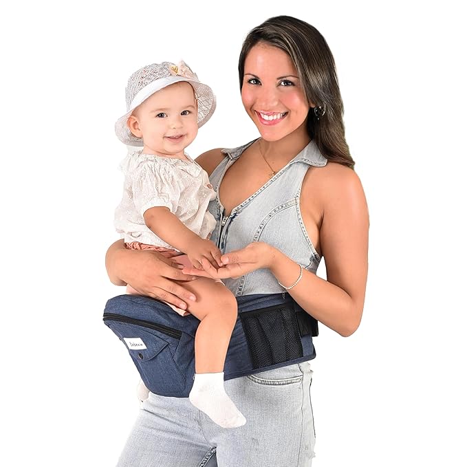 Baby Carrier with Hip Seat - with Lumbar & Back Support – Adjustable Waistband with Strong Support - Health Certified, Machine Washable, Fits Medium–Large (Black) (Blue)