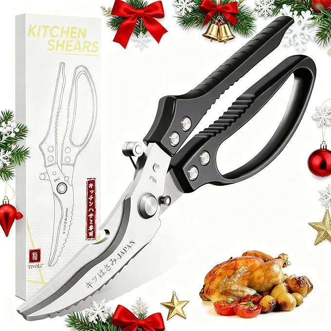TIVOLI Poultry Shears Black,Japanese Kitchen Shears Heavy Duty with Non-Slip Handle & Safety Lock,Multifunctional Kitchen Scissors for Chicken, Meat, Turkey, Fish, Vegetables,Ideal Gift