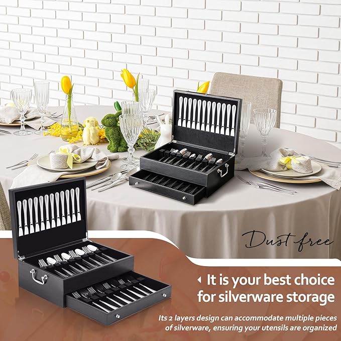 Leather Silverware Storage Box Flatware Storage Case with Felt Lined Leather Flatware Chest Silverware Organizer with Lid for Tableware Utensils Silver(2 Layer)