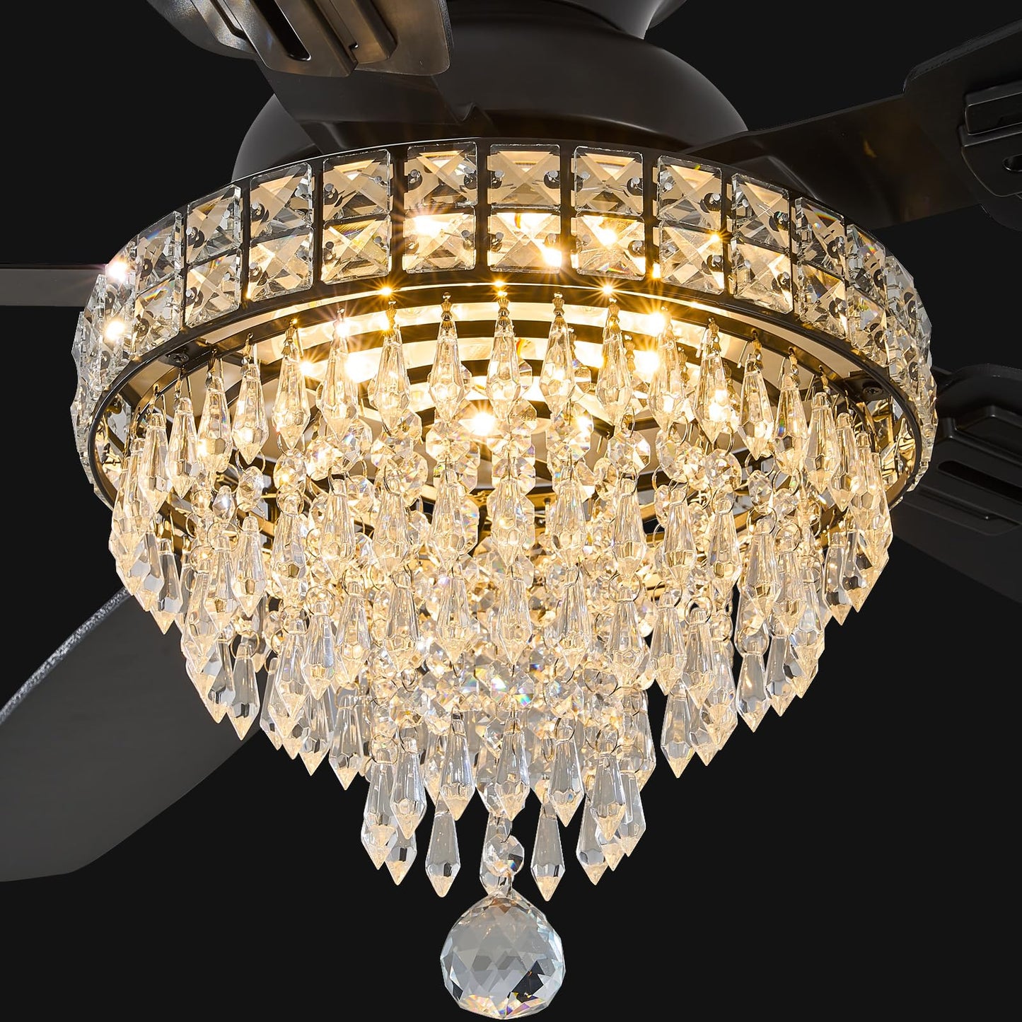 Fanyank Crystal Ceiling Fan with Lights, 50in Low Profile, Remote Control, Iron, Black