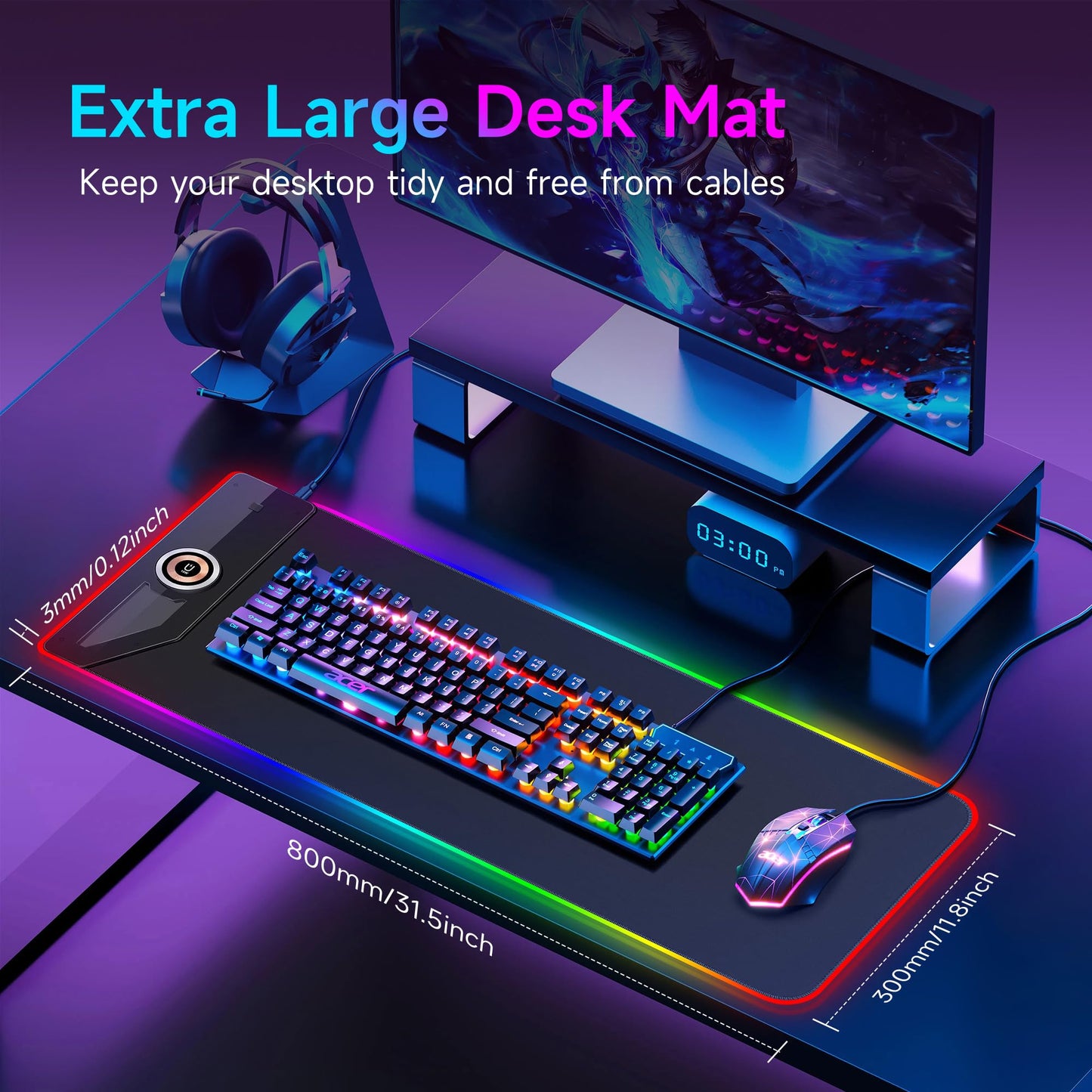 TMEHM Music Mouse Pad,RGB Mousepad Led Mouse Pad,15W Fast Wireless Charging Desk Pad,Premium Microfiber Cloth,Non-Slip Base,256 Light Modes Keyboard Pad