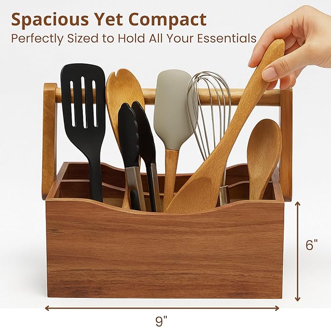 Wooden Silverware Caddy - Rustic Utensil Holder for Parties & Countertop - 4 Compartment Flatware Organizer with Handle - Farmhouse Kitchen Napkin & Cutlery Storage
