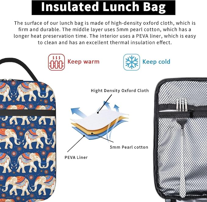 Elephant Lunch Box for Women Kids Girls Insulated Lunch Bag Lunchbox Adults Lunch Tote Bags Reusable Cooler for Work Office School Picnic Travel