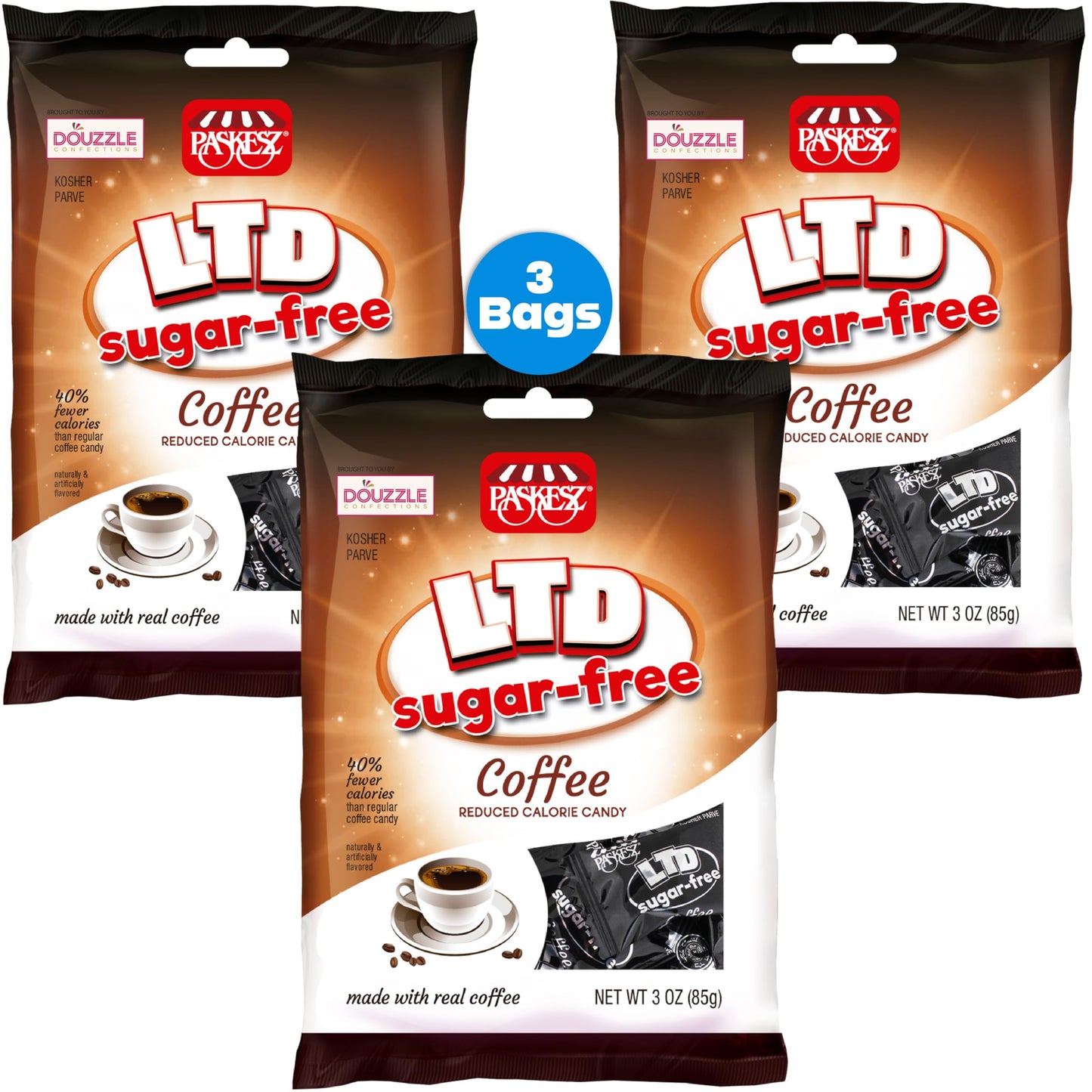 DOUzzle Sugar Free Hard Coffee Candy, Made with Real Coffee (3 Pack) Individually Wrapped - Healthy Low Calorie Snack, Gluten Fr