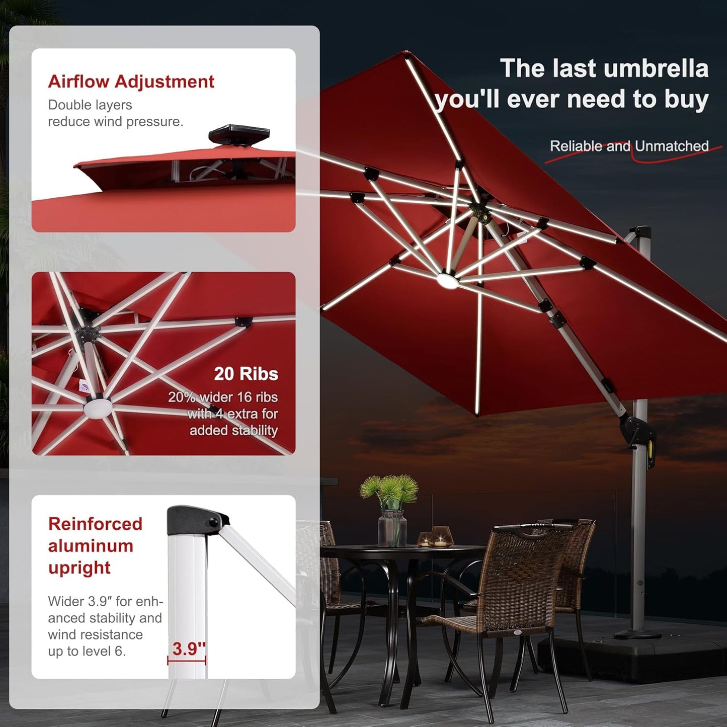 PURPLE LEAF 11 Feet Double Top Deluxe Solar Powered LED Square Patio Umbrella Offset Hanging Umbrella Outdoor Market Umbrella Garden Umbrella, Terra