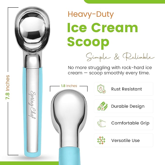 Spring Chef Heavy Duty Metal Ice Cream Scoop - Dishwasher Safe Ice Cream Scooper, Commercial Icecream Scoop Spade, Professional Kitchen Tool for Gelato, Melon, Sundae, Cookie Spoon - Aqua Sky