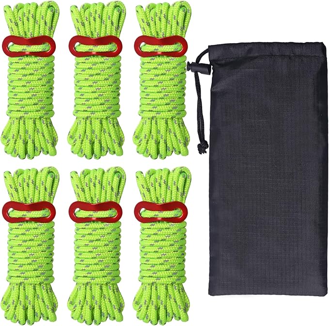 Hikeman 6 Pack 4mm Outdoor Guy Lines Tent Cords Lightweight Camping Rope with Aluminum Guylines Adjuster Tensioner Pouch for Tent Tarp, Canopy Shelter, Camping, Hiking, Backpacking (Fluorescent Green)
