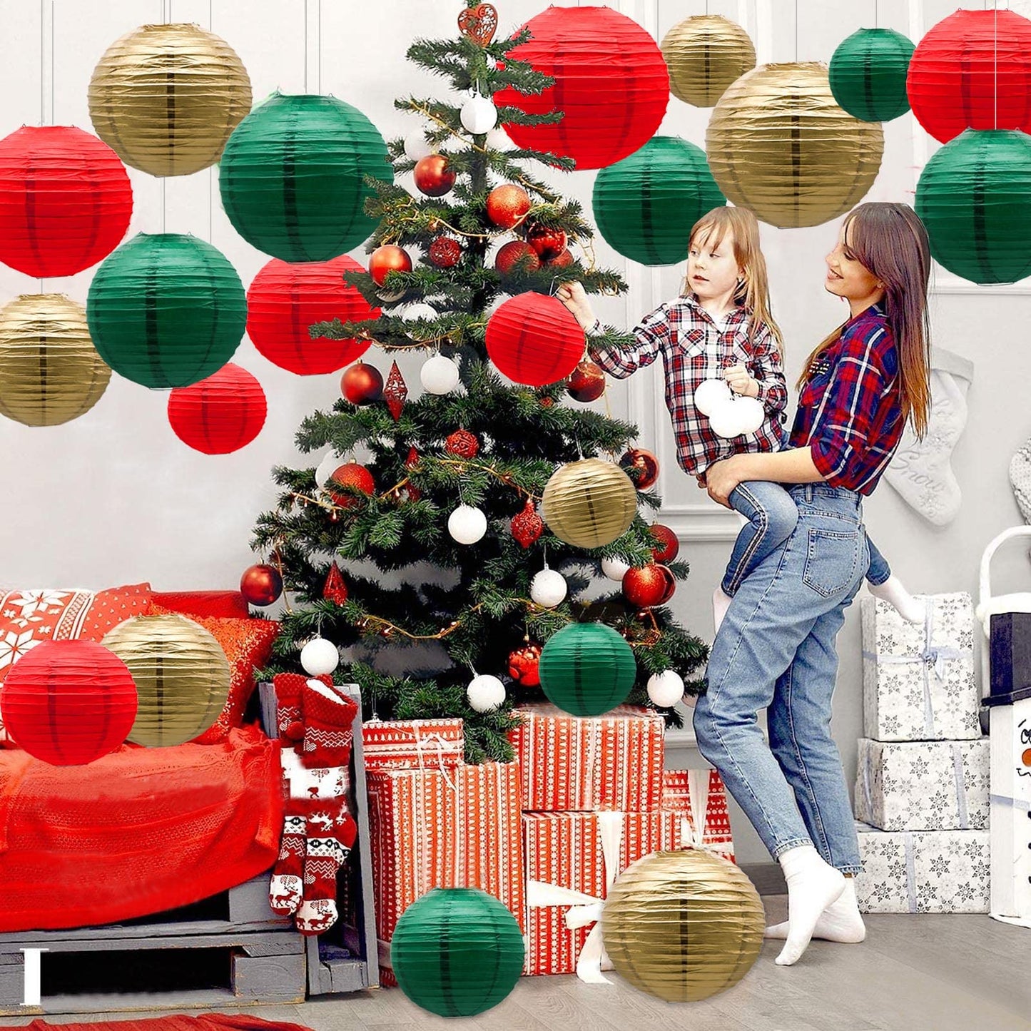 ADLKGG Paper Lanterns 21pcs Decorative Round Hanging Lanterns for Christmas, Italian Party, Graduation - Green/Red/Gold