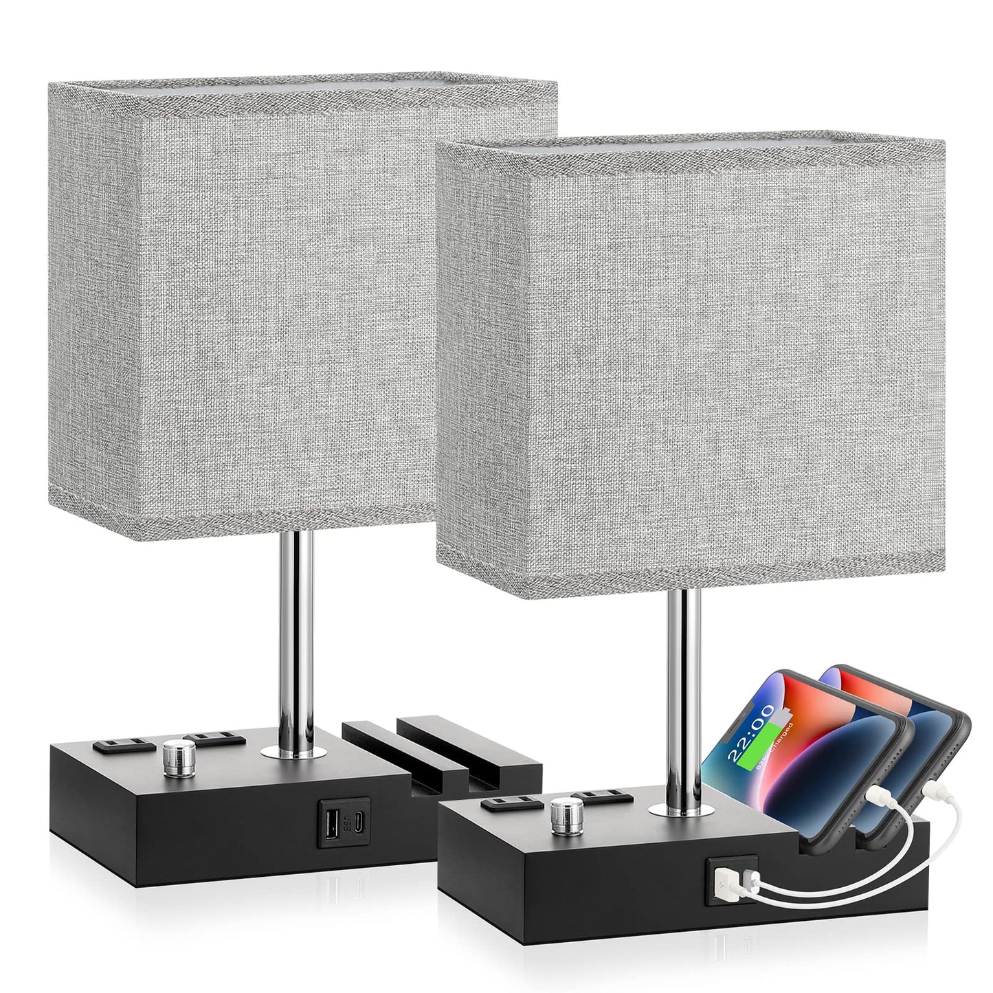 Kakanuo Bedside Lamps Set Of 2, Fully Dimmable Grey Wooden Table Lamps With Usb C Ports And Phone Stand, Bulb Included