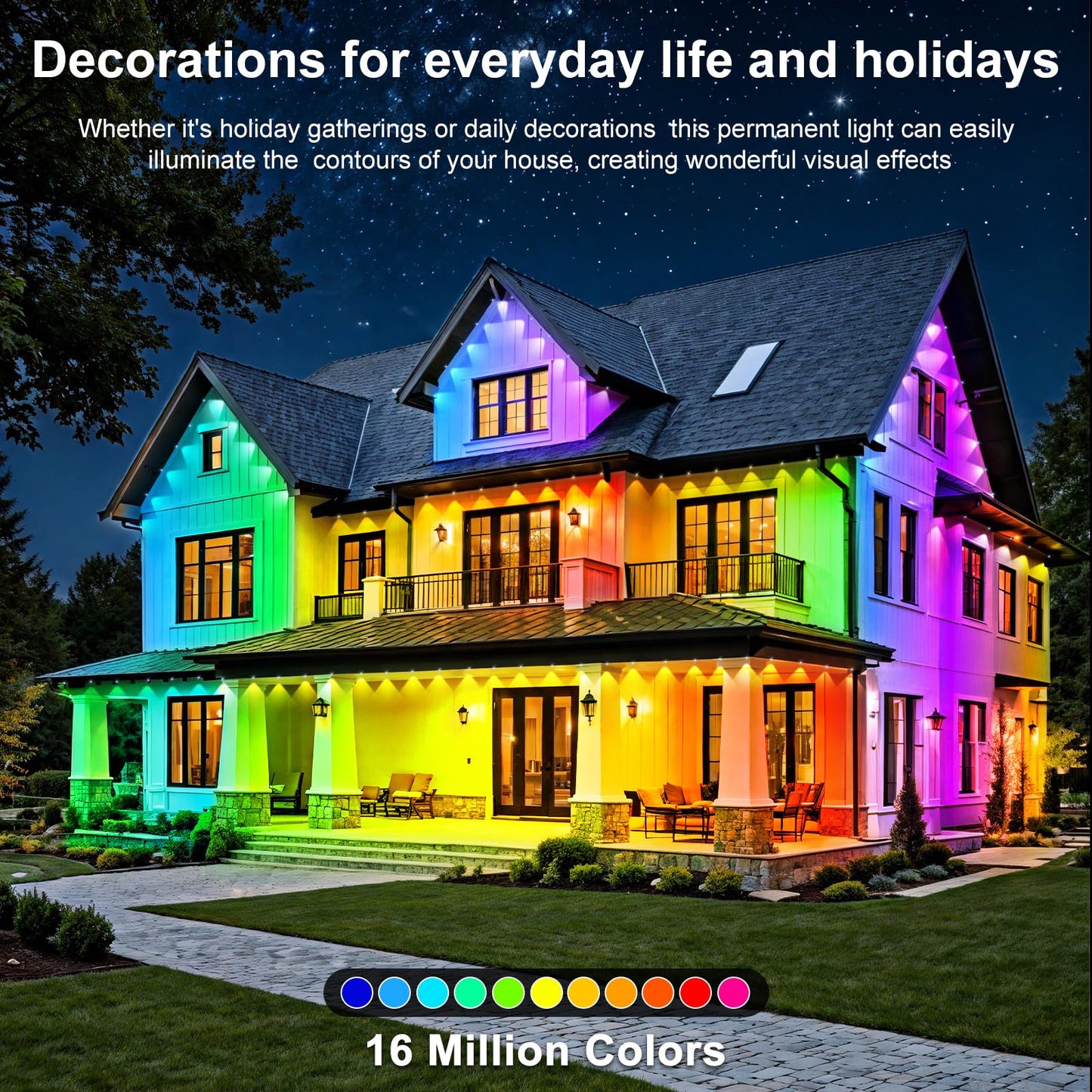 Rcuica 500Ft Permanent Outdoor Lights Waterproof With Smart App Control Remote Diy Scene Modes Music Sync Hronization Eaves Lights For Garden Decor Deck Christmas